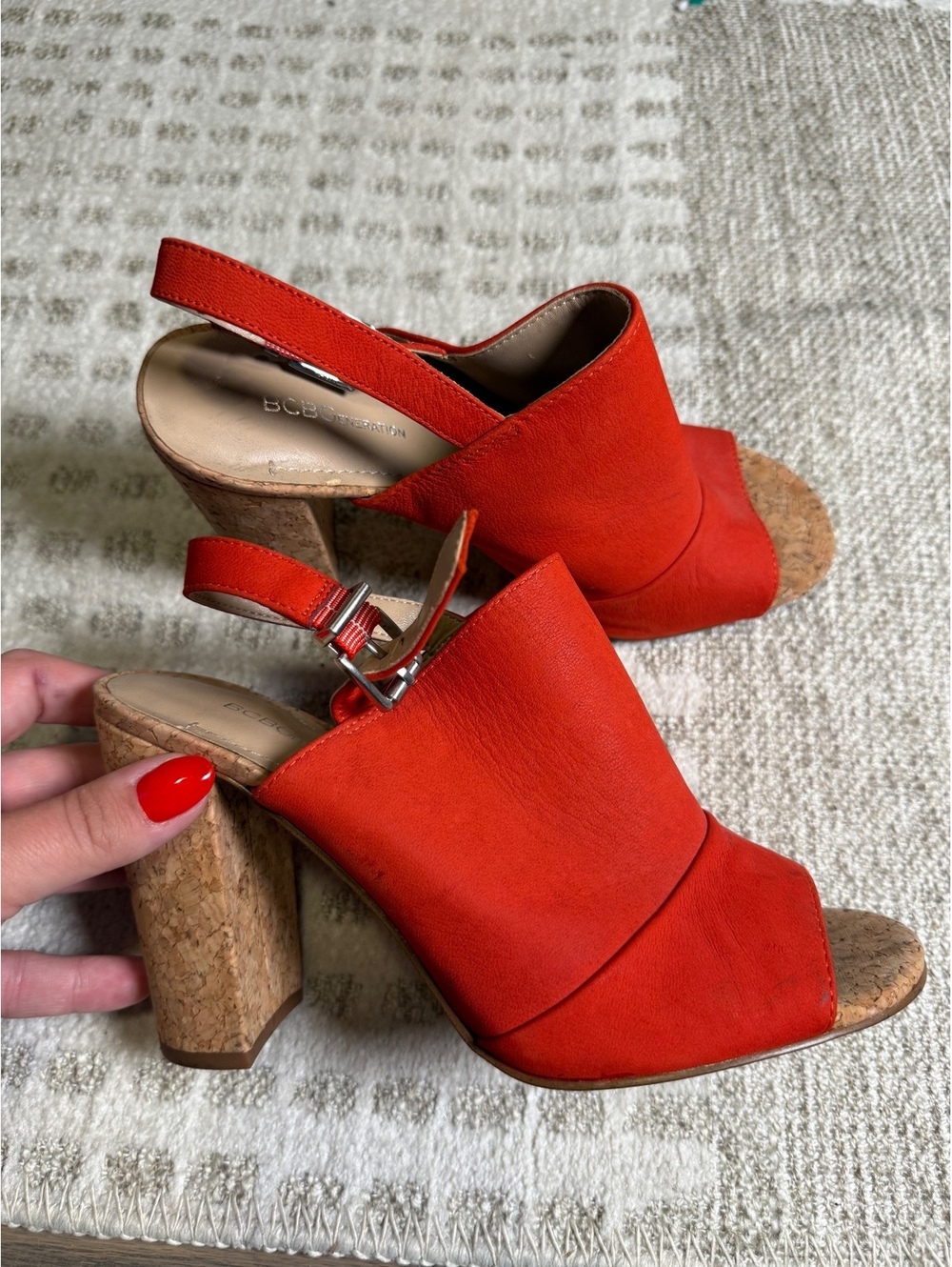 BCBGMAXAZRIA Orange Cork Block Heel Sandals Size 8